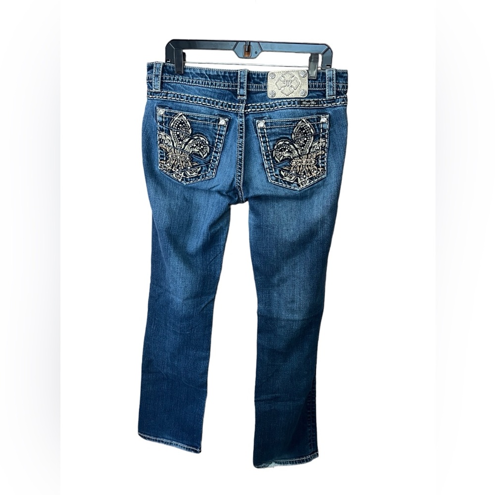 Miss Me Blue Straight Leg Jeans with Rhinestone Embellishments
